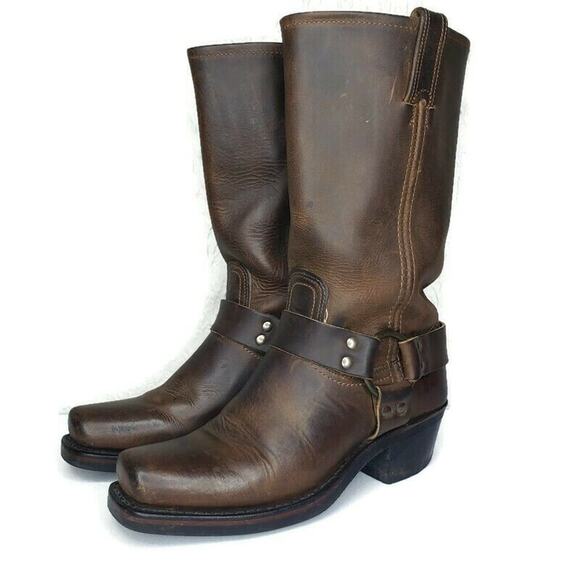 Frye Shoes - Frye Harness 12R Square Toe Moto Boots Womens 7M Smoke Brown Leather 77300 USA